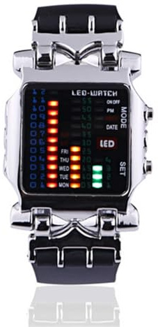 Binary LED Display Wristwatch, Square Electronic Calendar Adjustable Waterproof Watch for Male Female Sports, PU Strap.