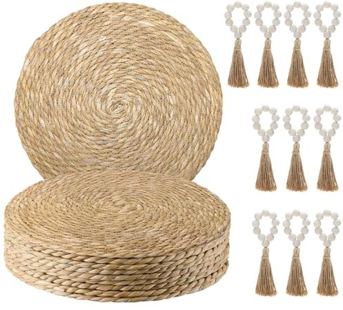 Hardcometrue Woven Placemats Set of 10, 13 Round Rattan Placemats Natural Water Hyacinth Placemats with Wooden Beads Napkin Rings, Boho Braided Wicker Placemats for Kitchen Dining Table Decor