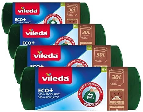 Vileda - Bolsa de Basura ecobag Reforzada, 30L, 100% reciclada, Color Verde (Paquete de 4)