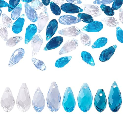 AHANDMAKER 80Pcs Faceted Teardrop Crystal Beads, 4 Colors Teardrop Glass Beads, Top Drilled Crystal Teardrop Chandelier Dangle Pendants for DIY Jewelry Making Craft Suncatcher Home Decor, Clear/Blue