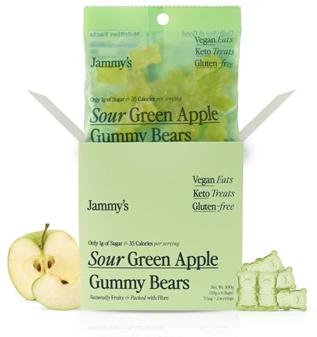 Jammy's™ - Sour Green Apple Gummy Bears | Low Sugar & Low Calorie | Vegan-Friendly | Keto-Friendly, Gluten-Free, Low Carb, High Fibre & Naturally Fruity | Delicious, Soft & Chewy | Box of 6 x 50g Bags