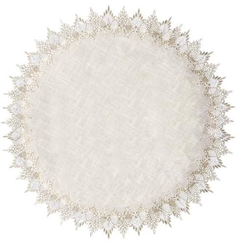 URROMA Centrino rotondo in lino, 90 cm, beige, con bordo in pizzo, antipolvere, tovaglia rotonda per sala da pranzo e cucina