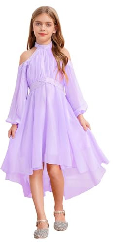 Jugaoge Vestito estivo da ragazza a maniche lunghe, a spalla fredda, abito da damigella d'onore, in chiffon, casual, per tutti i giorni, Lilla chiaro, 158 cm-164 cm