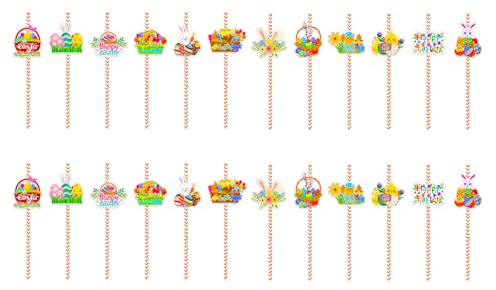 24pcs Easters Eggs Rabbits Paper Beverage Drinking Straw Decorative Drink Straw Wedding Birthday Party Supplies