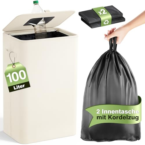 Bathola Pfandflaschen Sammelbehälter mit Deckel 100L, Beige | Faltbarer Leergutsammler mit 2 Herausnehmbaren Tragetaschen, Einwurfdeckel für PET-, Glasflaschen & Dosen