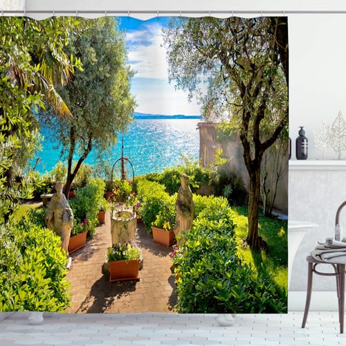 OCEUMACO Garden Shower Curtain Outdoor for Wet Room Outside Long Fabric 3D Green Blue Italy Flower Picture Scene Bathroom Curtains 180 x 180 cm Anti Mould Waterproof with Hooks