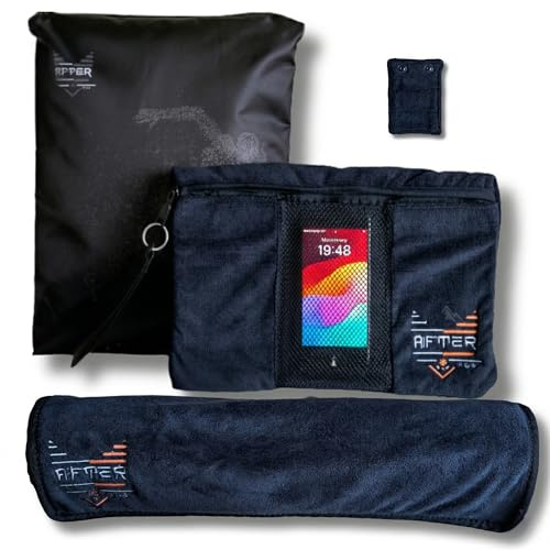 After5Hub Sporthandtuch Fitness Handtuch mit Magnet-Fixierung & Sichtnetz-Handyfach 100x40cm Gym aus Premium Baumwoll-Mix Midnight Blue inkl. Tasche