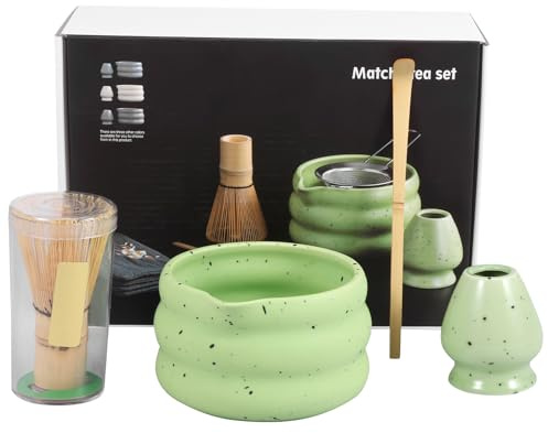 Ceramic Matcha Powder Bowl Set Elegant Japanese Matcha Kit with Ceramic Bowl Bamboo Whisk Scoop and Tea Scoop Stand for Tea Lovers Beginners(Green)