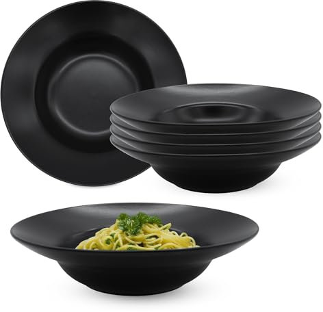 Platos de pasta de cerámica fina negro mate – Juego de 6 platos de cerámica para pasta profundos Ø 24 cm – Platos profundos – Juego de platos hondos – Platos de cerámica – Platos de ensalada Bowl