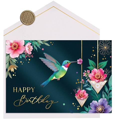 Joli Coon Papeterie Carte anniversaire ELEGANT Colibri – Carte d'anniversaire premium avec enveloppe et véritable sceau de cire