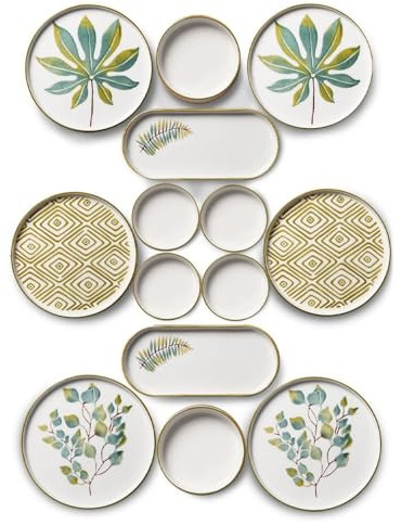 Kitchen Life Frühstücksset 14-teilig für 6 Personen – Handbemaltes Keramik aus Kütahya – Boho-Blatt Design – Spülmaschinenfest – Stapelbar – Perfekt als Geschenkidee