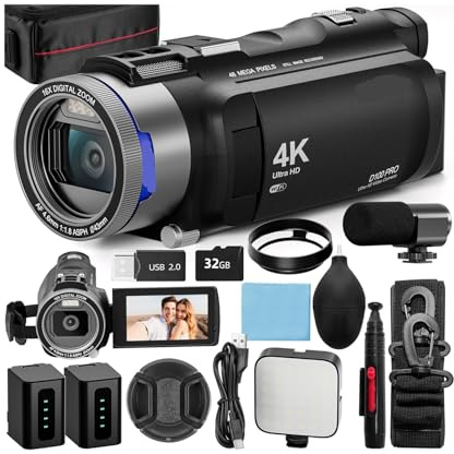 Caméscope vidéo 4K HD et 48 MP avec Wi-FI et contrôle par Application, enregistreur vidéo avec autonomie de Batterie 3X, Zoom 16X, écran IPS 270°