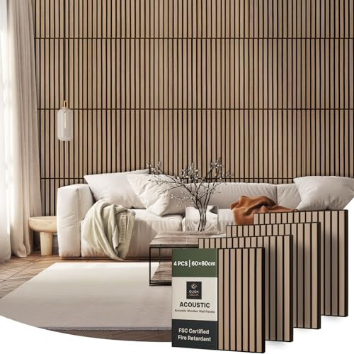 CLICK-DECK Lot de 4 panneaux muraux acoustiques en bois de qualité supérieure, panneaux muraux à lattes, insonorisants, ignifuges et certifiés FSC (cerise), 60 x 60 cm