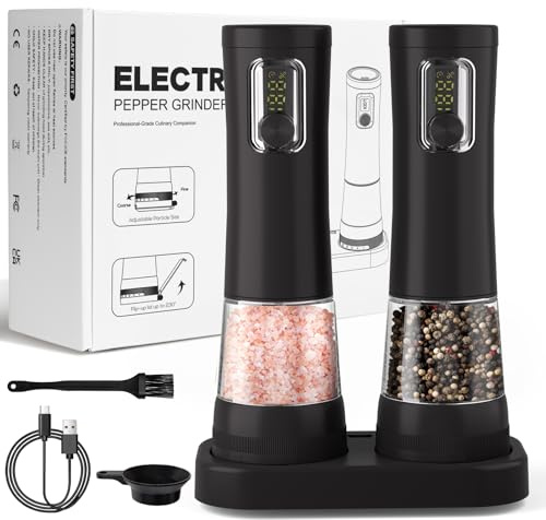 Electric Salt and Pepper Grinder Set, 2 Pack Rechargeable Automatic Pepper Mill, with Charging Base,5-Level, Display, LED Lighting,Large Capacity (2, Black-A, USB Charging Base)