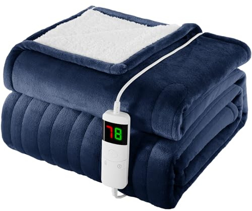 Homemate Heated Blanket Electric Throw - 130x160cm, 1/2/4/6/8 Hours Auto-Off 10 Heat Level Digital Control, Over-Heat Protection Flannel Sherpa Washable Blanket Navyblue