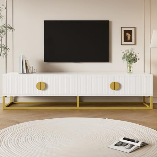 Merax 180cm TV Unit Cabinet, Modern TV Stand with 4 Doors, Storage Sideboard for Living Room & Dining Room, Vertical Groove Design, Soft Close Hinges, Gold Handles & Metal Legs,White