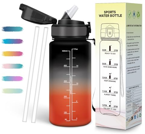 Mulbijeo Borraccia con Cannuccia 500Ml, Senza BPA & A Prova di Perdita, Borracce, Reutilizables, Borraccia Bambini, Apertura One-touch, Borracce Motivazionale per Scuola, Palestra, Ufficio, Running