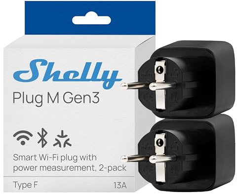 Shelly Plug M Gen3 Schwarz - WLAN & Matter Smarte Steckdose, Leistungsmessung, 13A, 3000W, Zeitschaltuhr, Stecker, Smart Home Stecker, Alexa & Google, Apple HomeKit, Kein Hub Erforderlich (2 Stück) | 13A, 3000W, App-, Sprach- & Plattformsteuerung, Zeitschaltuhr, Timer, kein Hub erforderlich, Smart Home Stecker (2 Stück)