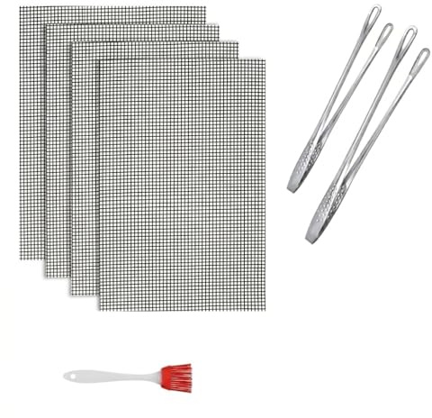 MSIHEY 4 Stück Grillmatte für Gasgrill, Wiederverwendbar | Antihaft Grillmatte mit 2 Zangen & Pinsel Zuschneidbar für Gasgrill, Holzkohle, Elektrogrill, Luftfritteuse 40x30cm