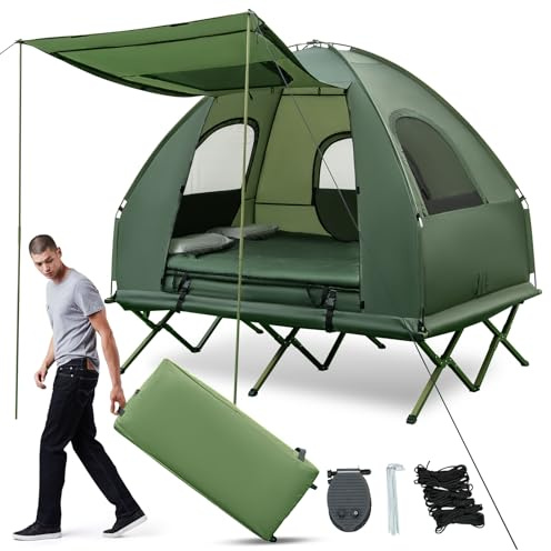 FANTASK Campingzelt für 2 Personen, 5 in 1 Feldbett mit Zelt, Luftmatratze, Kissen & Rolltasche, Kuppelzelt für Wandern, Picknick