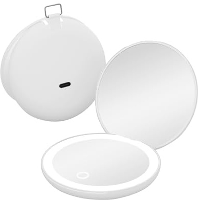 QUMOX Miroir Compact LED avec Anneau de Suspension, Miroir de Maquillage de Poche Rechargeable, Miroir grossissant 1X et 2X, Gradation Progressive, pour Sac à Main, Blanc