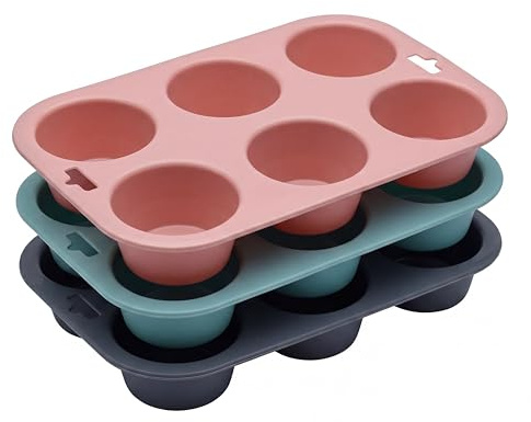 CleaZeny 3 Pcs 6-Cup Silicone Muffin and Cupcake Trays (Grey, Pink, and Green)