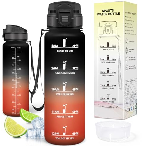 Motswedi Botella Agua 1L, Plástico, Botella Gimnasio, a Prueba de Fugas, Botellas Deportiva 1 litro, Cantimplora, con Marcador de Tiempo, para Oficina, Viajes, Bicicleta, Negro & Rojo