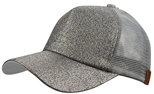 Womens Summer Glitter Messy Bun Mesh High Ponytail Baseball Tennis Sun Hat Cap Silver