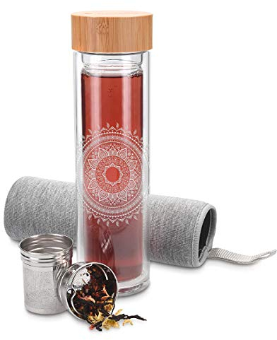 Navaris Teeflasche aus Glas mit Sieb - 500ml Tee Flasche Teekanne to go - Trinkflasche Indische Sonne - doppelwandig aus Borosilikatglas mit Hülle in Grau