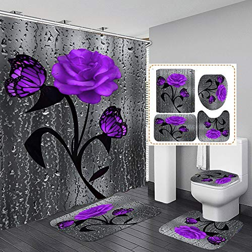 4 STK. Blumenduschvorhang-Sets mit rutschfesten Teppichen, Toilettendeckel und Badematte, Rose Flower Regentropfen-Duschvorhang mit 12 Haken, wasserdichter Stoff-Duschvorhang Badezimmerdekor