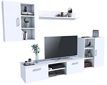 MATKAM Wohnwand Dedal, Schrankwand Wohnzimmer Modern, Wohnzimmerschrank mit Fernsehtisch Komplett Möbel (Weiß)