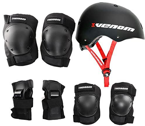 Venom Helmet & Pads Set Bike Helmet/Skateboard Helmet Knee Elbow and Wrist Pads - Helmet and Pads for Kids or Adults - Ideal Knee and Elbow Pads for Children - Small/Junior