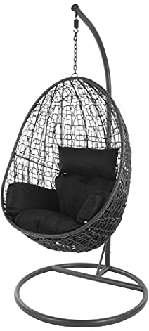 KIDEO Komplettset: Hängesessel mit Gestell & Kissen, Korbsessel, Poly-Rattan (Gestell- und Korbfarbe: dunkelgrau, Kissen: schwarz Nest (9999 Black))