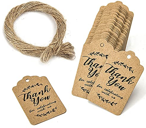 200 pezzi Kraft Gift Tags, Thank You For Celebrating With Us Paper Label for Birthday Wedding Party Hanging Tag with 40 Meters Jute Twine (Brown)