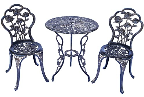 KAI LI Gartenmöbel Bistro-Set mit Rosenmuster 1 Tisch 2 Stühle für Garten Terrasse Veranda (Rose-Bronze)