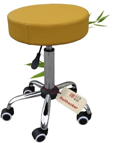 Zen – Rollhocker mit Rollen – ergonomischer Hocker – Drehhocker höhenverstellbar – ideal als Arbeitshocker, Massagehocker, Bürohocker, Praxis Arzthocker, Kosmetikhocker, Friseurhocker (Gelb)