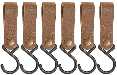 DONGKER S Haken Mit Lederschlaufe, 6 Stück PU Leder Schlaufe mit S-Kleiderhaken, Metall-S-förmige Haken zum Aufhängen, Campinghaken, Kinderwagen-Haken für Mantel, Handtuch, Küche, Badezimmer