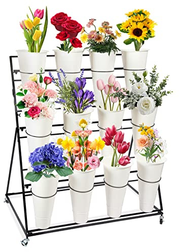 FPIGSHS Soporte de exhibición de flores con cubos - 3 niveles 12 cubos, soporte de plantas, soporte de exhibición móvil de la tienda de flores con ruedas