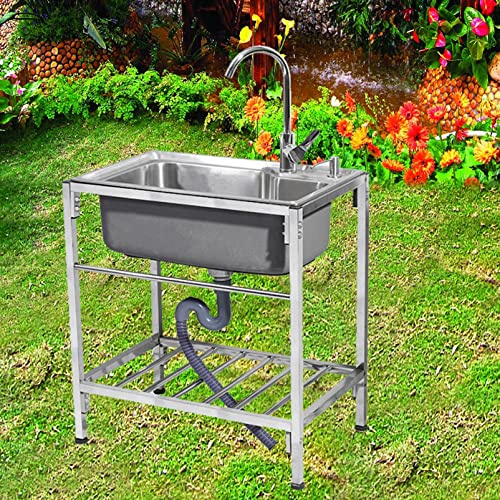 Fregadero con Patas Móvil Fregaderos de cocina Exterior Jardin 304 Acero Inoxidable con Soporte,con Grifo Fácil Limpiar e Instalar ,para Garaje,Restaurante,Cocina,Lavadero,Patio Trasero,camper ( Size