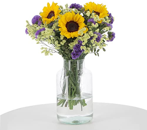 KENTIS - Bouquet di Fiori Misti Veri - 3 Girasoli Lentisco Limonium Sinensis Statice - Mazzo di Fiori Freschi a Domicilio Regalo Anniversario con Biglietto Personalizzabile incluso