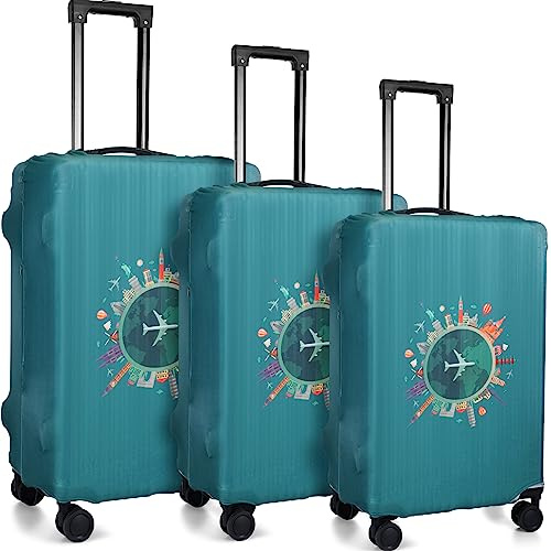Sherr 3 Pieces Travel Luggage Cover, Medium/L/XL,Travel Theme,Green