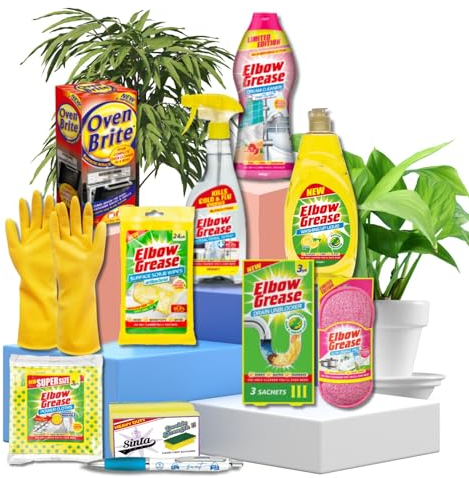 Kitchen Cleaner Bundle | 16pc Elbow Grease & Oven Brite Cleaning Products Set | Cleaning Wipes, Drain Unblocker, Oven Cleaner, Cream Cleaner, Antibacterial Spray and more, Including Sinta Gifts Pen