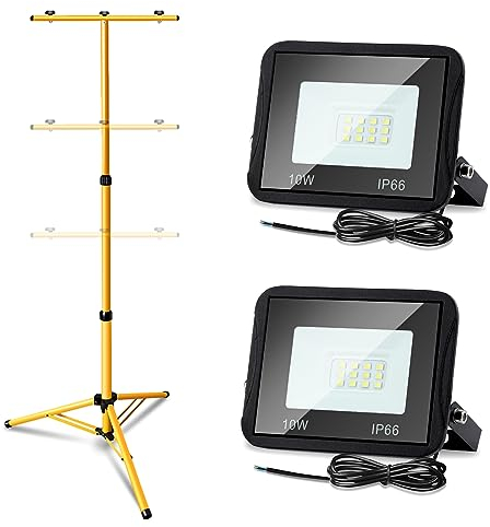 Yakimz LED Baustrahler, Arbeitsleuchte 2x 10W Warmweiß mit Stativ, 3000K Fluter Flutlicht 900LM Wasserdicht IP66, Baustrahlerstativ Teleskop Höhenverstellbar für Baustelle Garage, kein Stecker