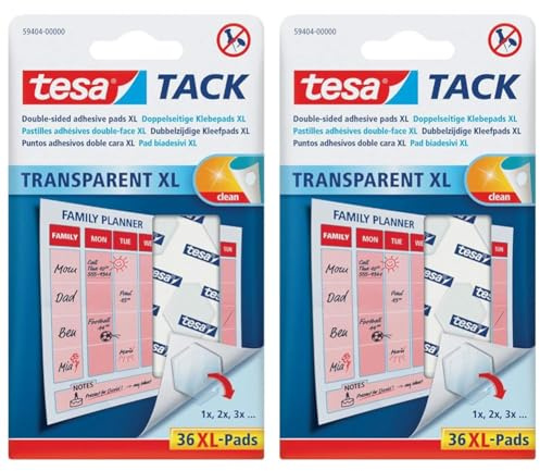 tesa doppelseitige Klebepads TACK XL/Transparente Klebestreifen zum Aufhängen an Wänden, Fenstern und Spiegeln / 1 x 36 Pads (Packung mit 2)