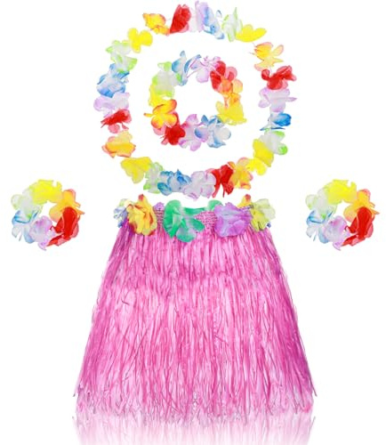 Abeillo 5 Pack Hawaiian Hula Grass Skirt for Girls Hula Dance Skirt with Flower Costume Accessory Hawaiian Hula Party Dress Up for Girls