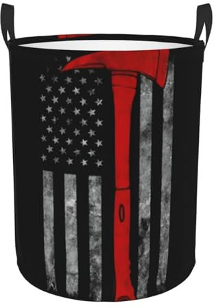 Firefighter Axe Red Line Flag Waterproof Round Laundry Basket With Handles - Perfect For Organizing Laundry And Bedroom Storage