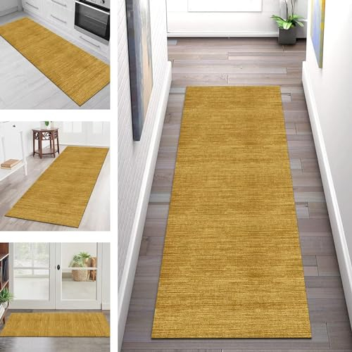 Teppich Läufer für Küche Flur Wohnraum Teppichläufer Vintage Gelb Braun Meterware Flurteppich 80X300CM Küchenläufer Wohnzimmer Teppich Teppichmatten Schlafzimmer Küchenteppich Rutschfest Waschbar