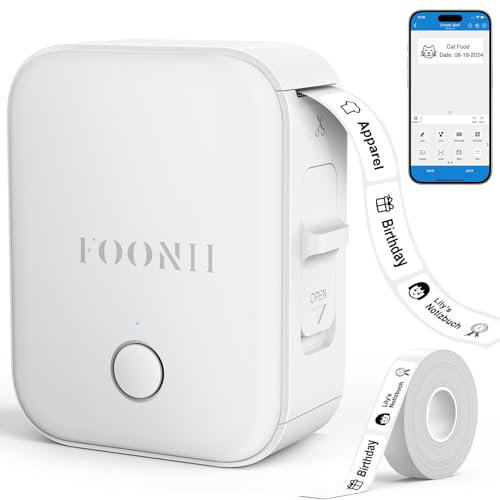 Foonii Bluetooth Etikettendrucker Selbstklebend Etikettiergerät-Tragbarer USB Aufladen Beschriftungsgerät,Mini Labeldrucker min Label Printer with iOS, Android