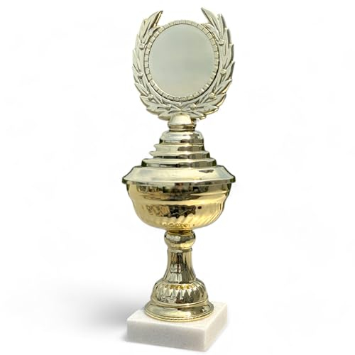 MIJOMA DIY Pokal mit Marmorsockel und Deckel – Gestalten Sie Ihre individuelle Trophäe – Goldfarbener Sportpokal ca. 25cm hoch
