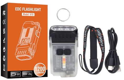 SEAFRONT Pequeña y Potente Linterna LED 1200LM USB C Recargable 10 Modos Mini Llavero de Bolsillo Luz de Flash IP67 Impermeable V15 con Soporte Magnético para Uso en Exteriores